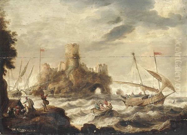 Dutch Smalschips Inshore In Heavy Seas Before A Fortified Island Oil Painting by Bonaventura Peeters the Elder