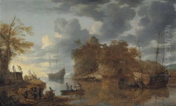 A Coastal Scene With Shipping In A Calm With Figures In A Rowing Boat And Conversing On A Shore Oil Painting by Bonaventura Peeters the Elder