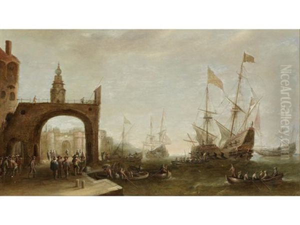 A Capriccio Of A Mediterranean Harbour, With Ships Anchored And Figures On The Quayside Oil Painting by Bonaventura Peeters the Elder