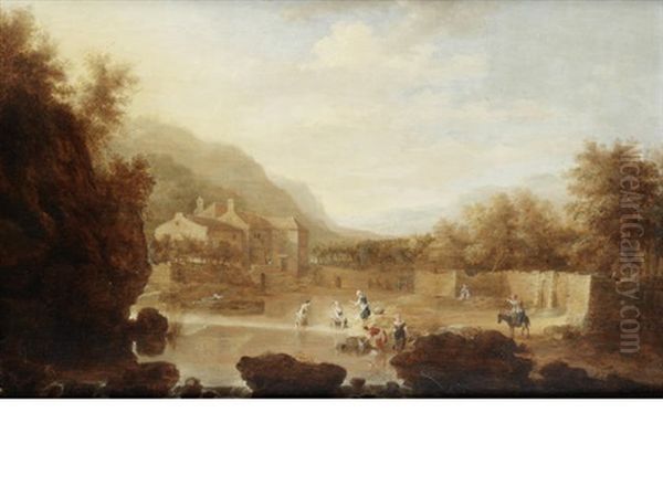 Figures Laundering Clothes In A Landscape Oil Painting by Bonaventura Peeters the Elder