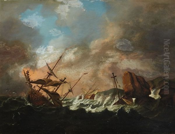 Sailing Ships In A Storm Oil Painting by Bonaventura Peeters the Elder