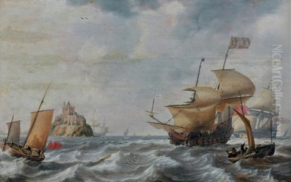 Vaisseaux Le Long D'un Chateau Sur Un Ilot Entoure De Dauphins Oil Painting by Bonaventura Peeters the Elder