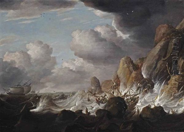 Shipping In Stormy Waters With A Shipwreck On The Cliffs Oil Painting by Bonaventura Peeters the Elder