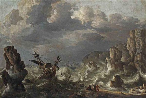 A Ship Wreck Near A Rocky Coast In Rough Seas Oil Painting by Bonaventura Peeters the Elder