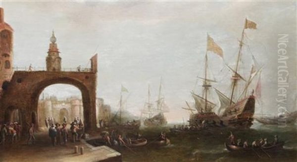 A Capriccio Of Mediterranean Harbour With Shipping Oil Painting by Bonaventura Peeters the Elder