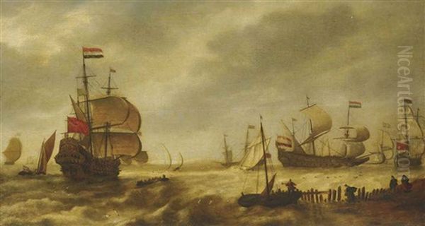 The Departing Dutch Fleet At The Mouth Of A Harbour Oil Painting by Bonaventura Peeters the Elder