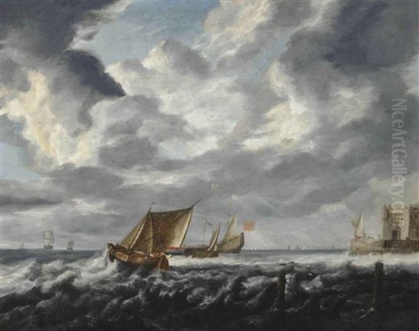 An English Man-o'war At Anchor Off A Fortified Headland Surrounded By Dutch Smalschips And Other Coastal Craft Oil Painting by Bonaventura Peeters the Elder