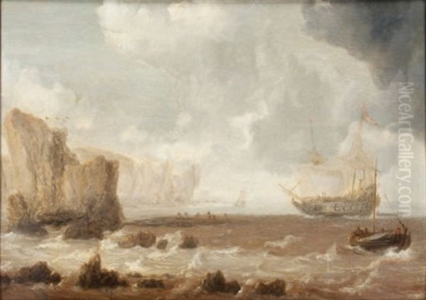 A Dutch Battleship And Sailing Boats In Choppy Seas Near A Rocky Coast Oil Painting by Bonaventura Peeters the Elder