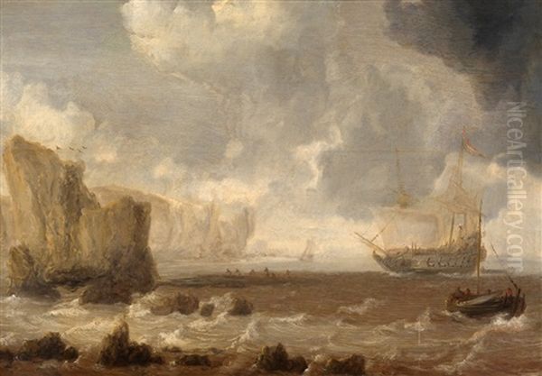 A Dutch Battleship And Sailing Boats In Choppy Seas Near A Rocky Coast Oil Painting by Bonaventura Peeters the Elder