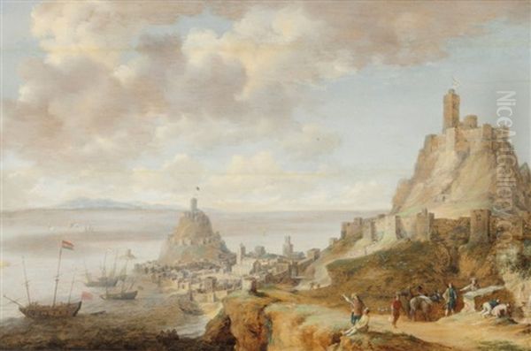 Promeneurs Et Paysans Devant Une Vue De Gaeta Pres De Naples Oil Painting by Bonaventura Peeters the Elder