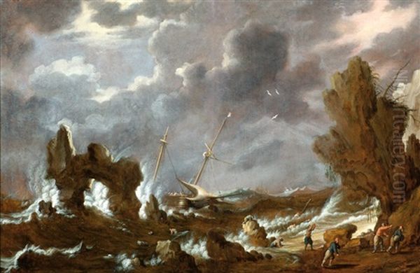 A Three-masted Ship In Front Of A Rocky Coast During A Storm Oil Painting by Bonaventura Peeters the Elder