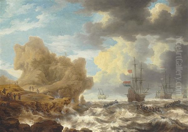 Dutch Ships Off A Rocky Coast With Colonists Encountering Natives Oil Painting by Bonaventura Peeters the Elder