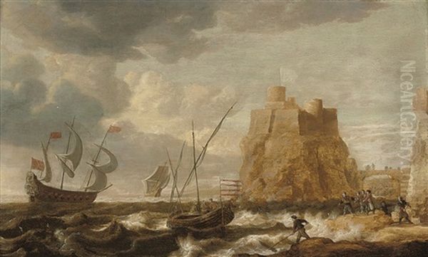 Shipping In Choppy Seas, A Fortress On A Cliff Beyond Oil Painting by Bonaventura Peeters the Elder