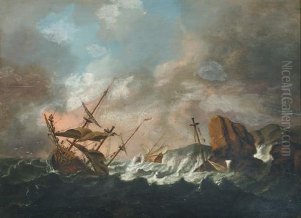 Sailing Vessels On Stormy Waters With Cliffs Nearby by Bonaventura Peeters the Elder