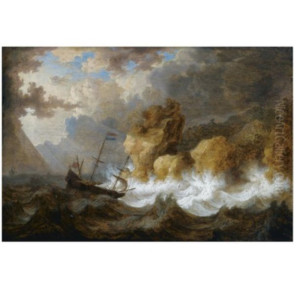 A Dutch Ship In A Heavy Storm Near A Rocky Coast Oil Painting by Bonaventura Peeters the Elder