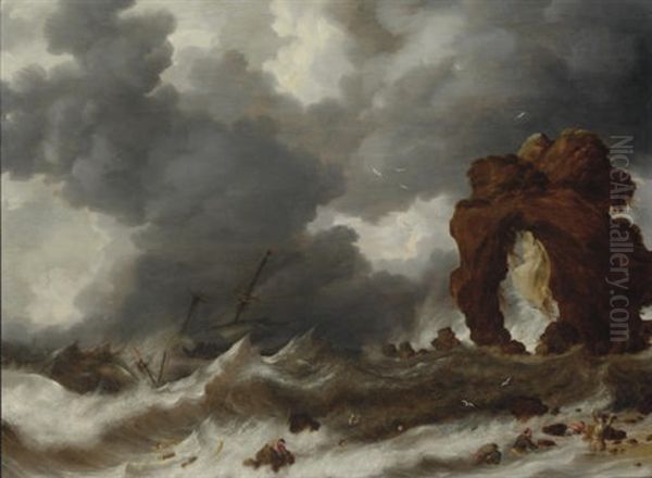 Stormy Seas With A Shipwreck Oil Painting by Bonaventura Peeters the Elder