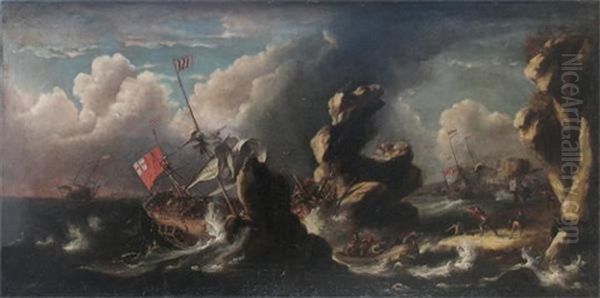 Extensive Stormy Coastal Scene With Ships In Jeopardy On The Rocks Oil Painting by Bonaventura Peeters the Elder