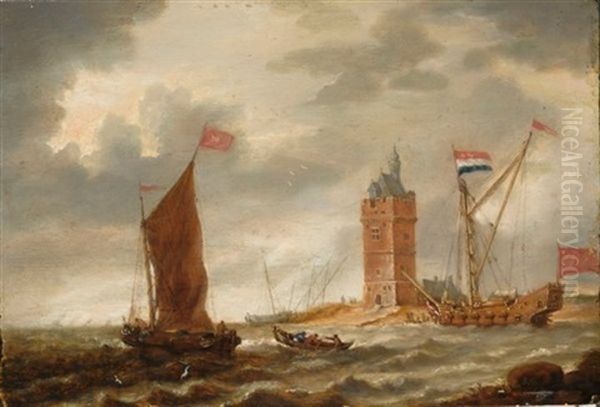 Shipping In A Breeze Before A Coast With A Fortified Tower (+ Shipping In Stormy Seas Near An Island; Pair) Oil Painting by Bonaventura Peeters the Elder