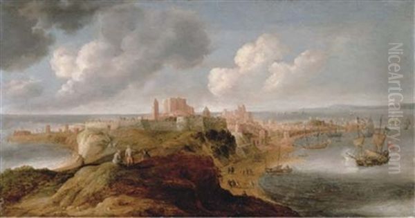 A Fortified Port On A Promontory, An English Frigate Firing A Salute Oil Painting by Bonaventura Peeters the Elder