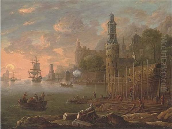 A Mediterranean Coastal Harbour With Figures Building A Man'o-war, Shipping Beyond Oil Painting by Bonaventura Peeters the Elder