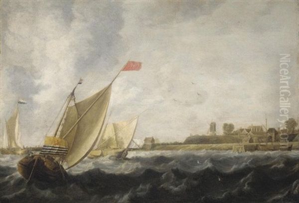 A River Scene With Dutch Smalschips Oil Painting by Bonaventura Peeters the Elder