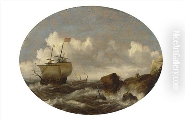 An English Merchantman And Other Vessels In A Rough Sea, With A Shipwreck Near The Rocks In The Foreground Oil Painting by Bonaventura Peeters the Elder