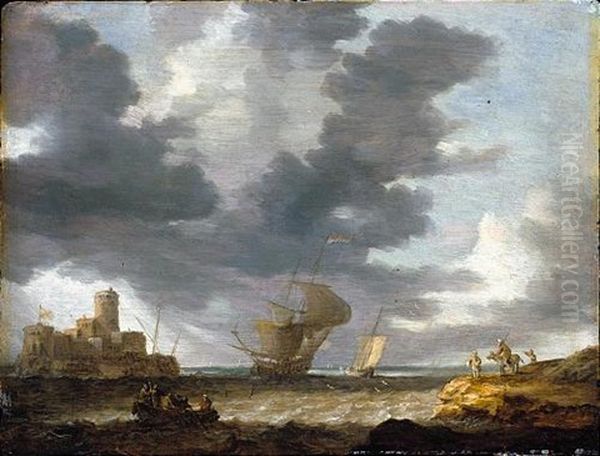 A Breezy Estuary Scene With A Dutch Man-o-war Before A Castle Oil Painting by Bonaventura Peeters the Elder