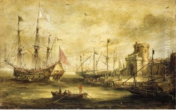 A Dutch Port With A Man-of-war Oil Painting by Bonaventura Peeters the Elder