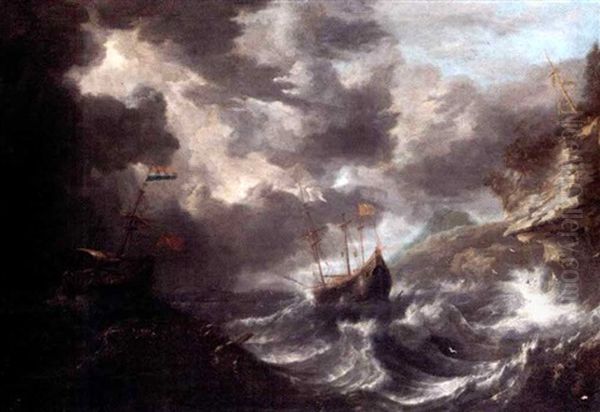 Shipping In A Tempest Off A Rocky Coast Oil Painting by Bonaventura Peeters the Elder