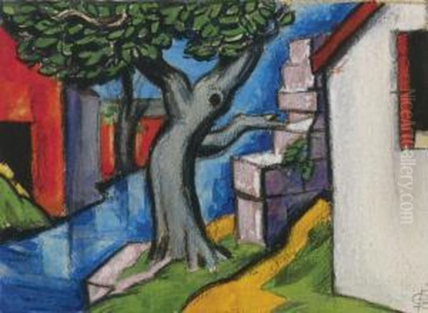 Mystic Tree Oil Painting by Oscar Bluemner