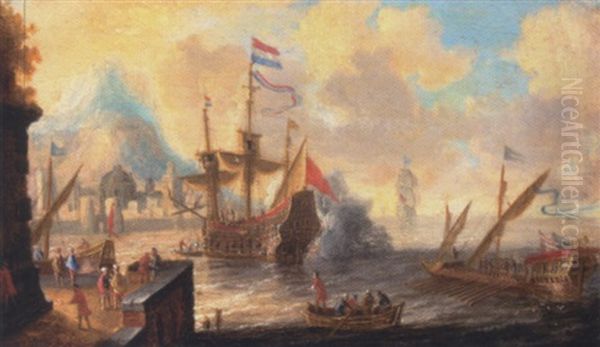 A View Of A Mediterranean Harbour Scene With A Galley And A Dutch Man Of War In The Foreground Oil Painting by Bonaventura Peeters the Elder