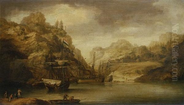 An Estuary With Loggers At A Northern Trading Post Oil Painting by Bonaventura Peeters the Elder