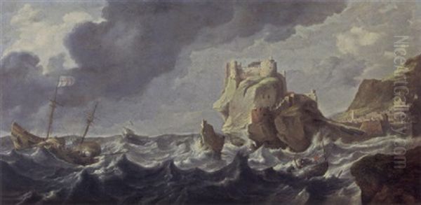 A Mediterranean Harbour Entrance With Shipping On Rough Seas And A Shipwrecking In The Foreground, A Castle And A Town In The Background Oil Painting by Bonaventura Peeters the Elder