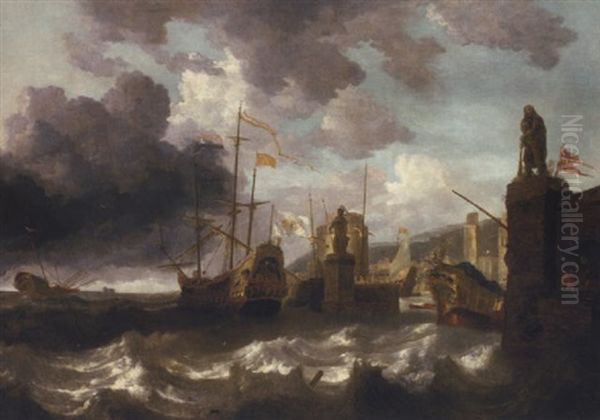 A Coastal Landscape With Men-o'-war In Choppy Seas Outside A Mediterranean Harbour Oil Painting by Bonaventura Peeters the Elder