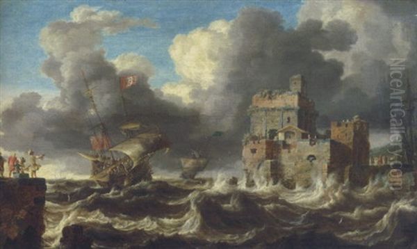 Schiffe Im Sturm Vor Einem Orientalischen Hafen Oil Painting by Bonaventura Peeters the Elder