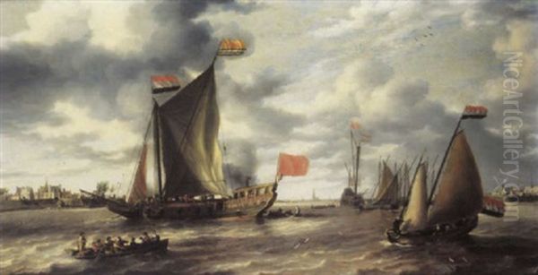 A Flotilla Of Dutch Vessels, Including A Zeeland States Yacht And A Masting Hulk Flying The Flag Of Flushing, In Zeeland Waters Oil Painting by Bonaventura Peeters the Elder