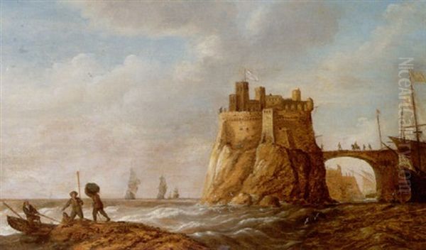 Harbour Scene With Shipping In The Distance In A Stiff Breeze Oil Painting by Bonaventura Peeters the Elder