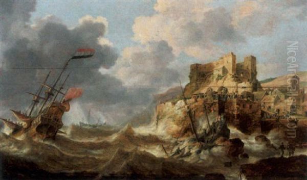 Shipwrecking In Stormy Seas, With A Fortification On A Cliff Oil Painting by Bonaventura Peeters the Elder