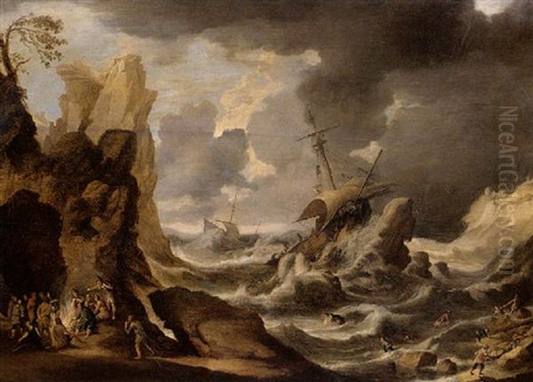 A Rocky Coastal Landscape In A Storm With A Shipwreck (saint Paul Shipwrecked Off The Coast Of Malta) Oil Painting by Bonaventura Peeters the Elder