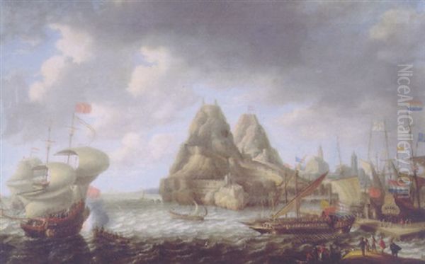 A View Of A Harbour With A Merchant-man And A Flute Moored At A Quay, Galleys About To Set Off And A Threemaster Beyond Oil Painting by Bonaventura Peeters the Elder