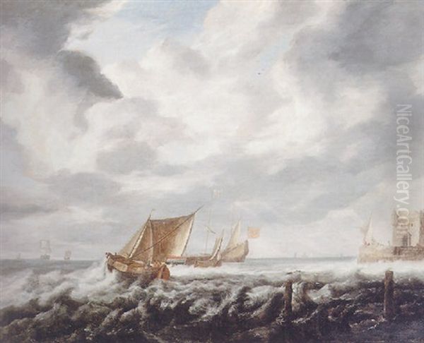 Smalschips Sailing On Choppy Seas In A Strong Breeze Oil Painting by Bonaventura Peeters the Elder