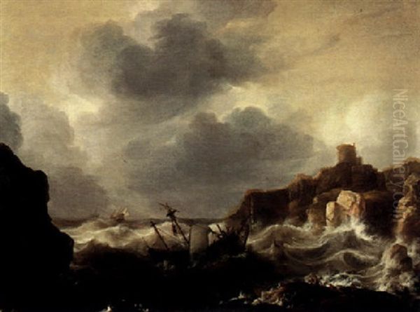 Ships In A Stormy Sea Below A Castle On A Rocky Promontory Oil Painting by Bonaventura Peeters the Elder