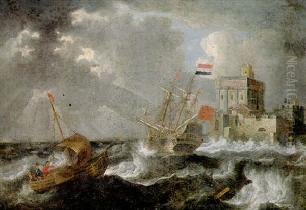 A Dutch Threemaster And A Wijdschip Offshore In A Gale, A Fortified Castle Beyond Oil Painting by Bonaventura Peeters the Elder