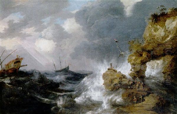 A Whaler Shipwrecked Off A Rocky Coast In Gale, With A Whale Rising In The Sea, Other Shipping And Survivors On An Outcrop In The Foreground Oil Painting by Bonaventura Peeters the Elder