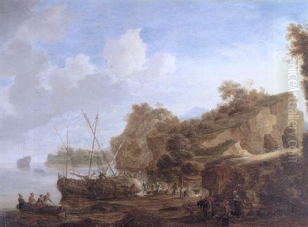 A Mediterranean Landscape At Sunset With A Crew Caulking The Hull Of A Merchant Vessel Oil Painting by Bonaventura Peeters the Elder