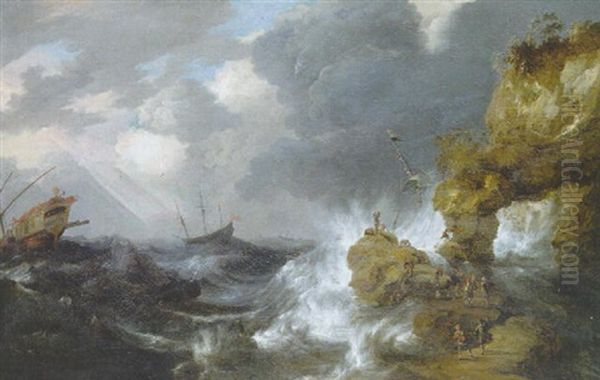 A Waler Shipwrecked Off A Rocky Coast In A Gale, With Men Coming To The Rescue Oil Painting by Bonaventura Peeters the Elder