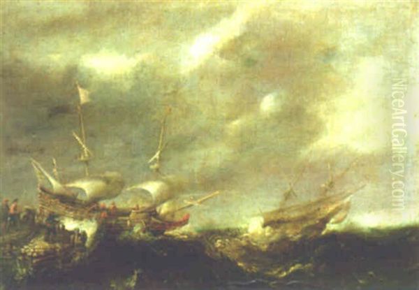 Dutch Ships Off The Coast In Heavy Seas Oil Painting by Bonaventura Peeters the Elder