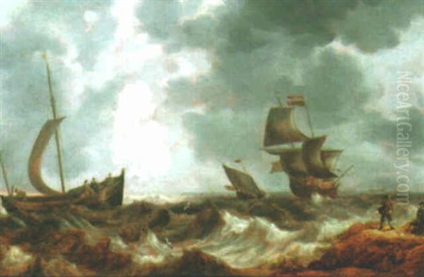 A Dutch Sailing Ship And Other Shipping In Stormy Sea, With Two Figures On The Shore Oil Painting by Bonaventura Peeters the Elder