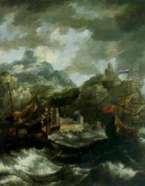 A Dutch Merchantman And A Galley Off A Rocky Coastline Oil Painting by Bonaventura Peeters the Elder