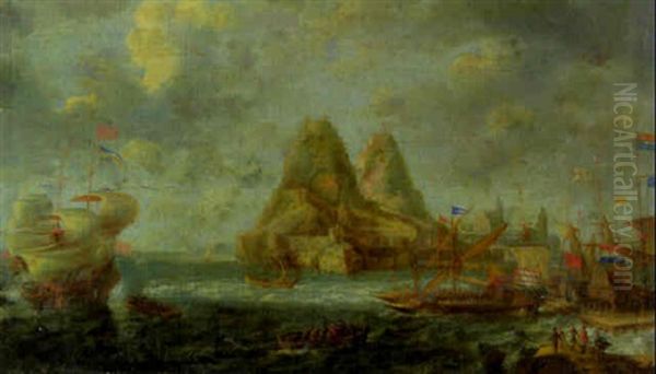 A Capriccio Of A Levantine Harbor With A Man-o'-war Firing A Salute With Galleons Moored At A Quay Oil Painting by Bonaventura Peeters the Elder